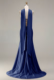 Sparkly Champagne Mermaid Neck Scarf Long Prom Dress with Beading