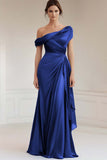 Grey Blue Mermaid Satin One Shoulder Ruched Formal Dress with Ruffles