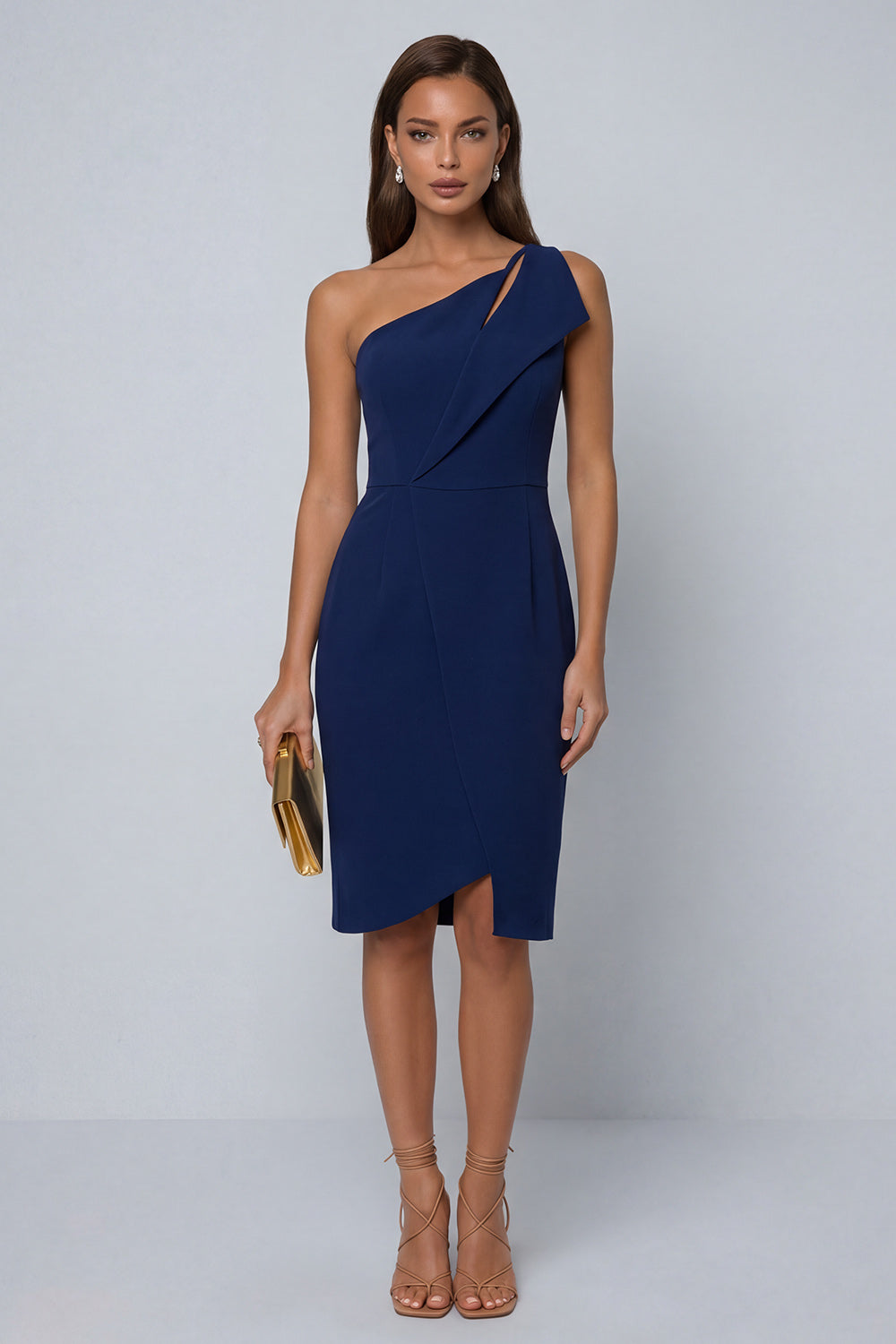 Black Pencil Knee Length One Shoulder Work Dress