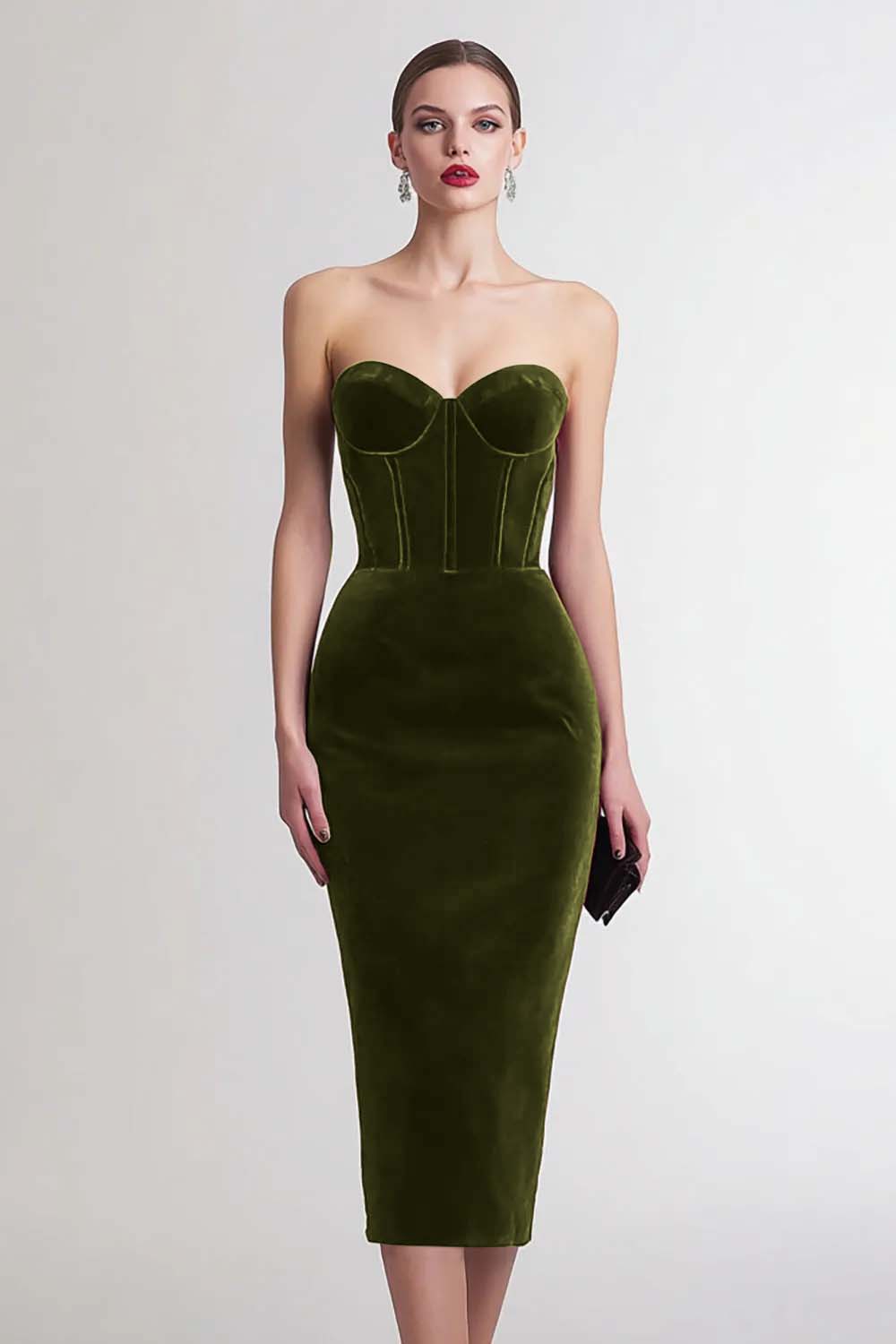 holiday party midi dress Zapakasa Women Burgundy Velvet Midi Corset Holiday Party Dress Bodycon Sweetheart Strapless Semi Formal Dress