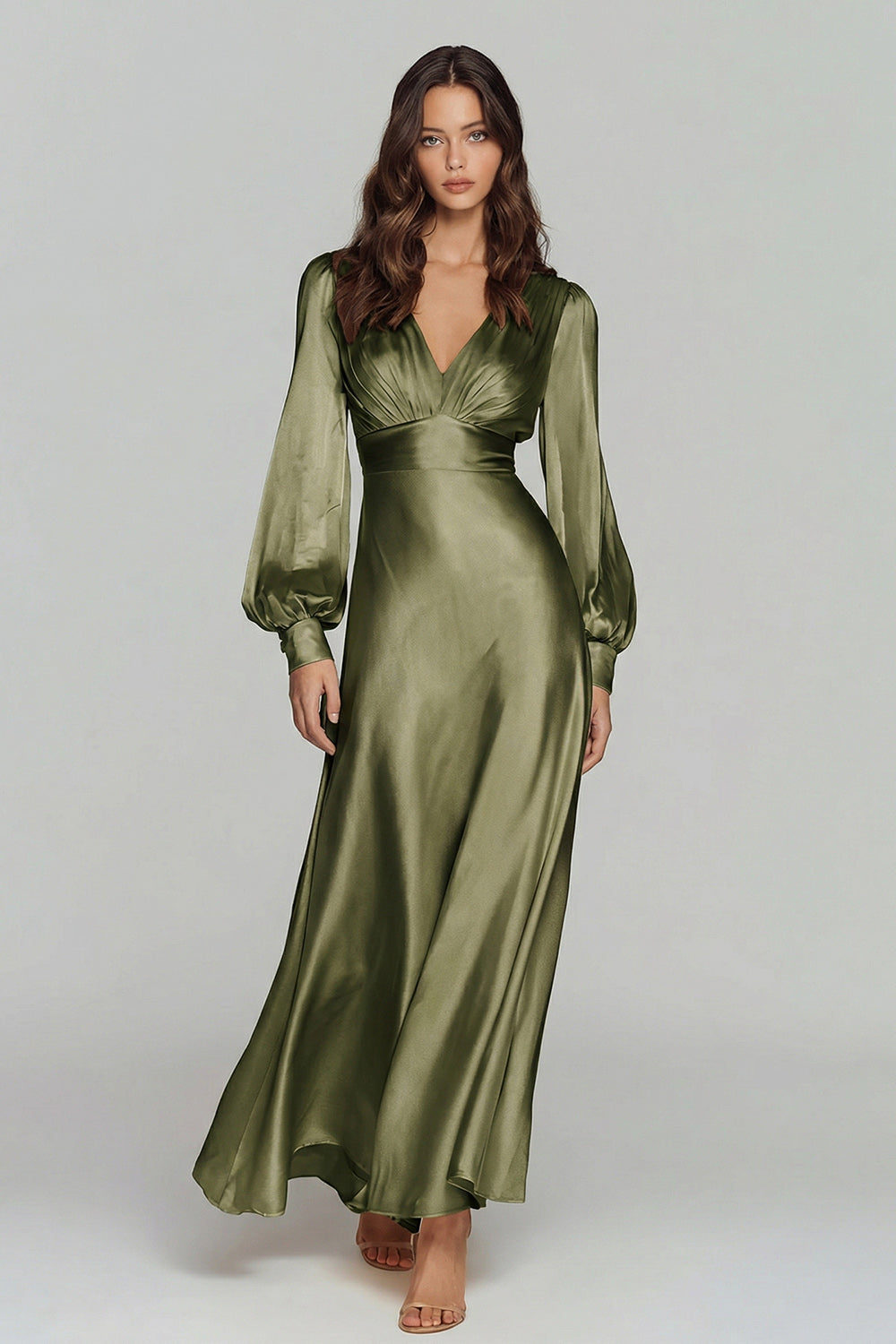 Champagne V-Neck Satin Backless Long Sleeves Evening Dress