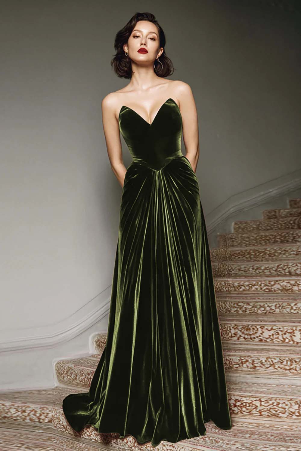 Zapaka Women Burgundy A Line Velvet Formal Dress Sweetheart Long Evening Dress, Olive / US16W