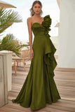 Black Satin One Shoulder A Line Long Formal Dress with Ruffles