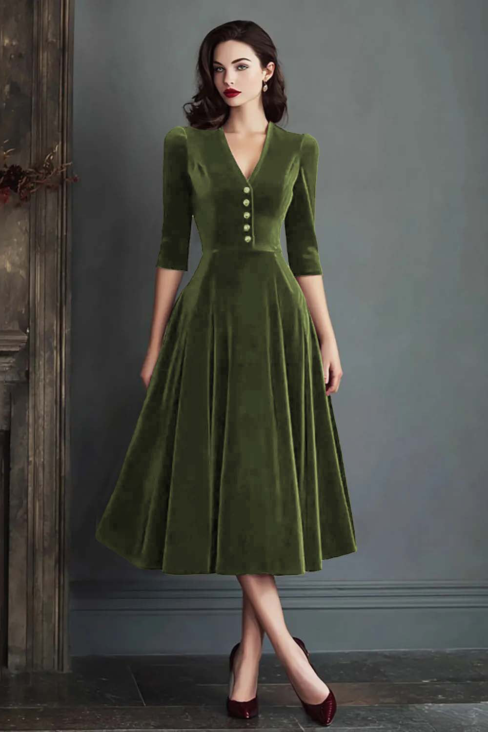 Burgundy V-Neck A Line Midi Velvet Holiday Party Dress