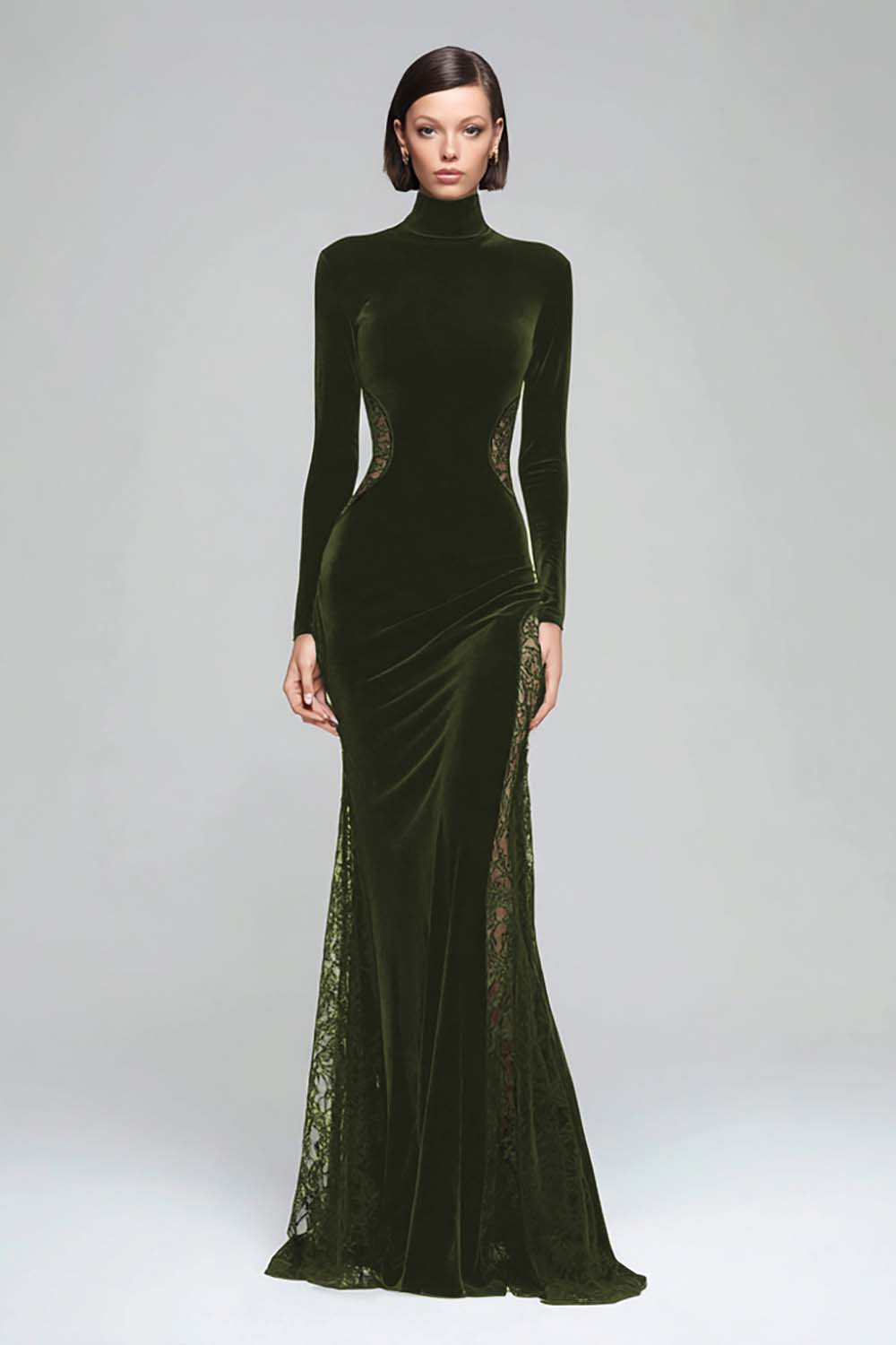 Black Mermaid High Neck Velvet Maxi Formal Dress with Lace