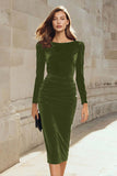 Dark Green Velvet Bodycon Boat Neck Midi Holiday Party Dress
