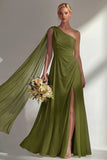 One Shoulder Ruched Burgundy A Line Long Beach Bridesmaid Dress with Side Cape