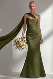 Burgundy Satin Mermaid Neck Scarf Ruched Long Prom Dress