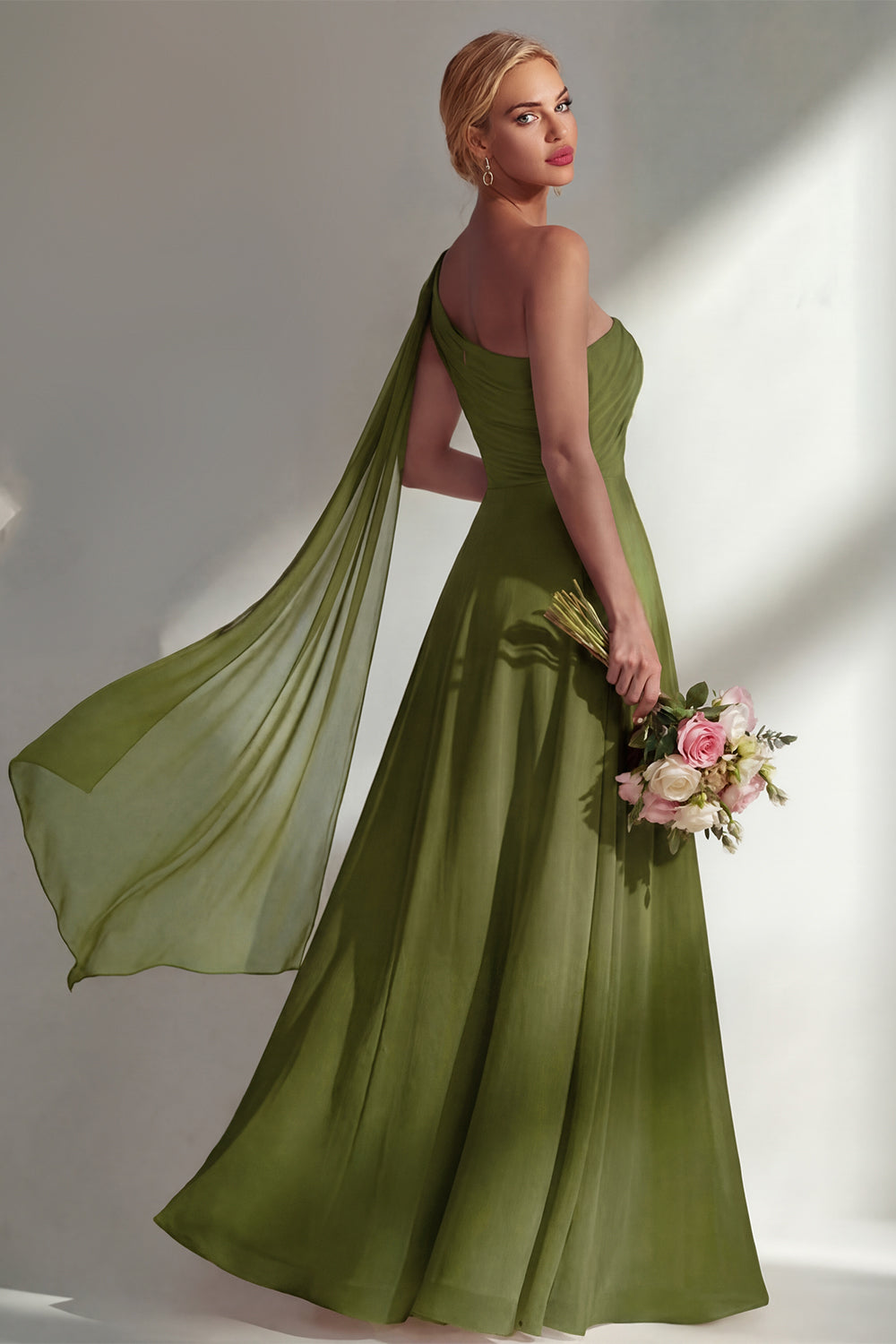 One Shoulder Ruched Burgundy A Line Long Beach Bridesmaid Dress with Side Cape