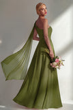 One Shoulder Ruched Burgundy A Line Long Beach Bridesmaid Dress with Side Cape
