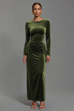 Navy Velvet Boat Neck Sheath Long Holiday Party Dress with Sleeves