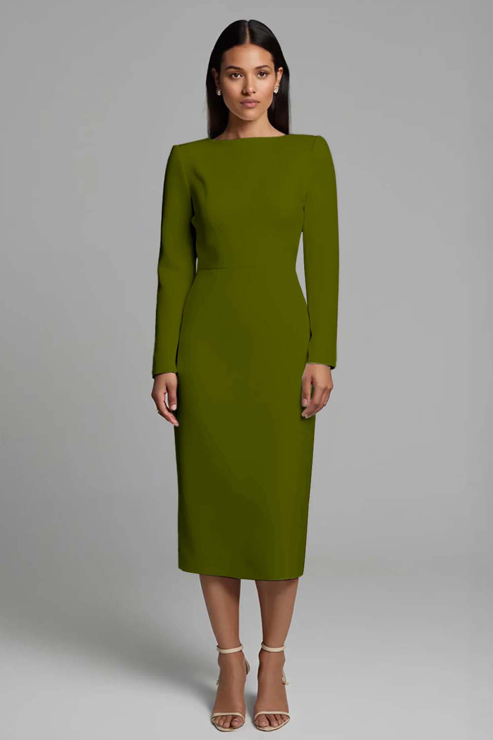 Simple Ivory Pencil Bateau Neck Midi Work Dress with Sleeves