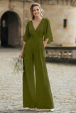 Ivory V-Neck Half Sleeves Long Wedding Jumpsuits with Pockets