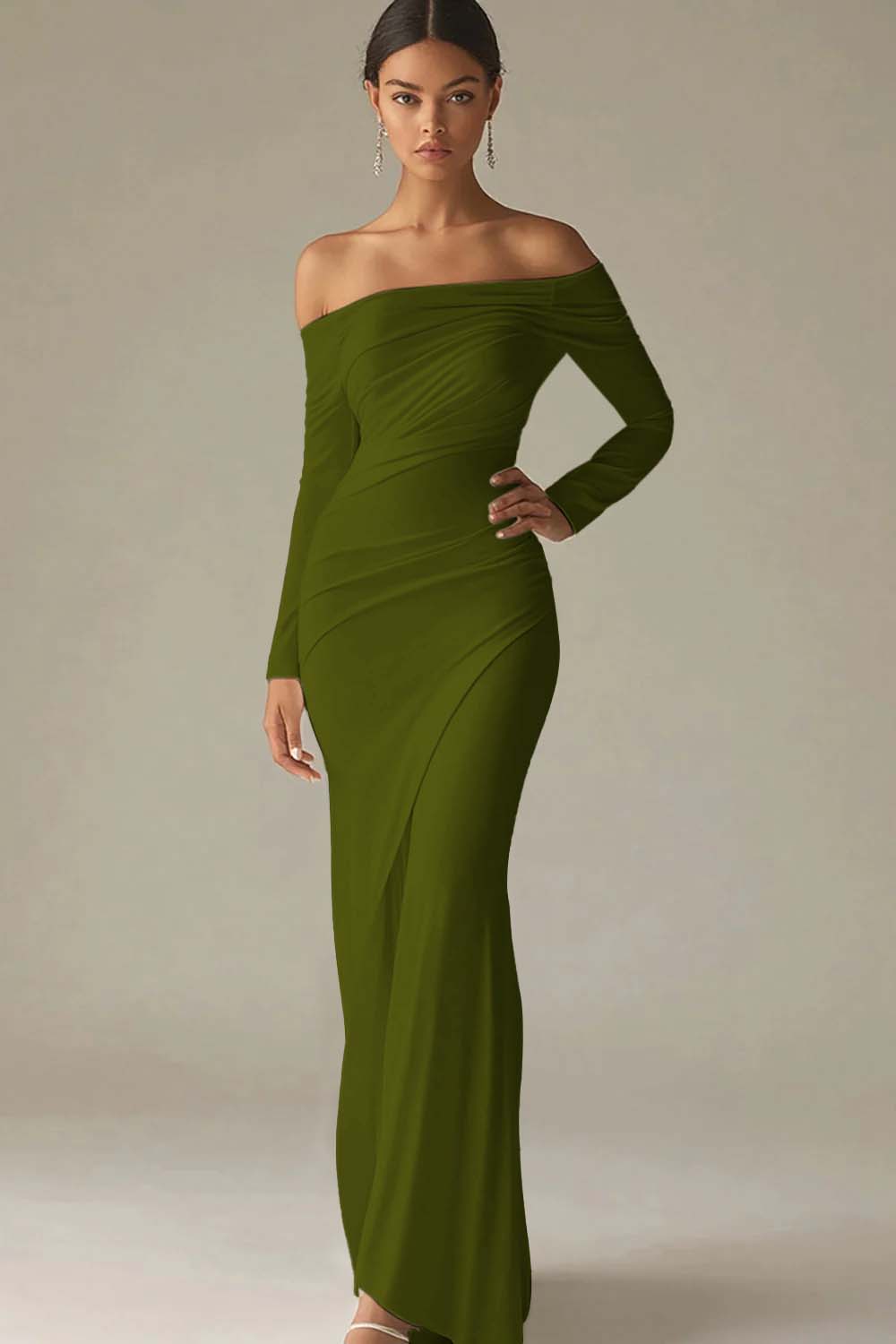 White Sheath Long Off the Shoulder Rehearsal Dinner Dress with Sleeves