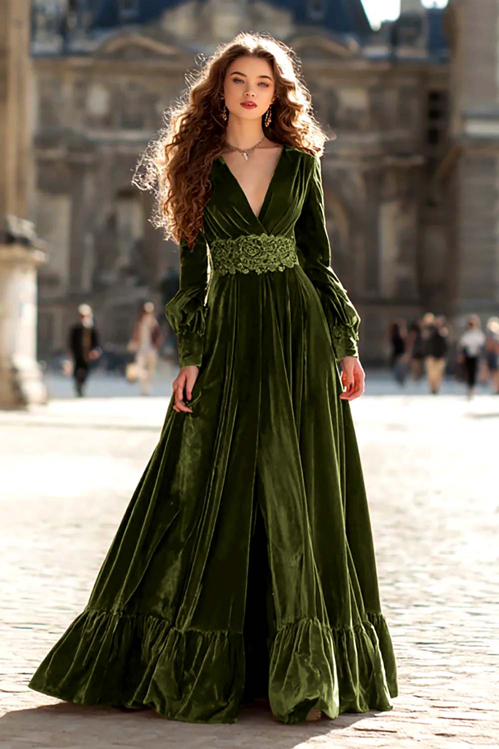 Brown Velvet A Line V-Neck Long Sleeves Formal Dress with Ruffles - Olive / US2 Brown Velvet A Line V-Neck Long Sleeves Formal Dress with Ruffles - Olive / US2