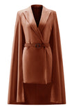 White Satin Peak Lapel Cape Short Work Blazer Dress with Belts