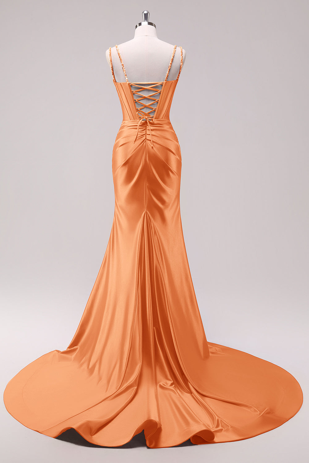 Zapakasa Women Orange Corset Sequined Long Prom Dress with Slit Lace-Up