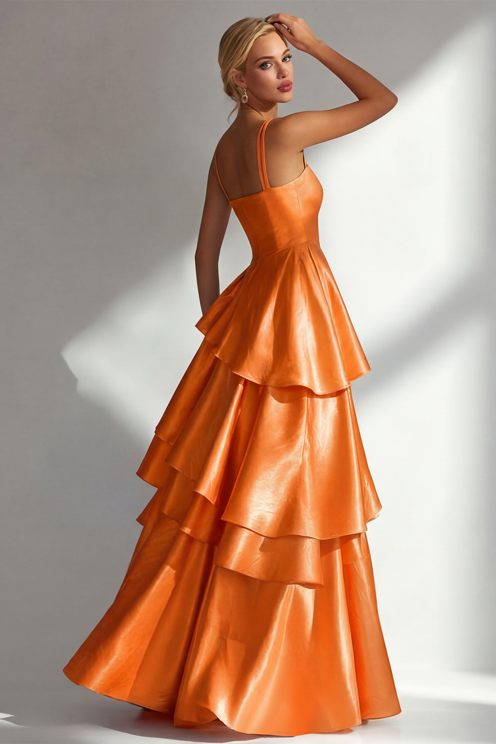 Light Blue A Line Ruffled Square Neck Long Wedding Guest Dress