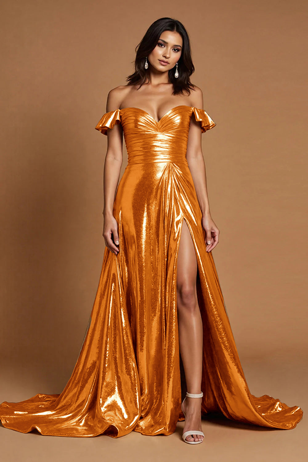 Sparkly Golden A Line Metallic Off the Shoulder Long Prom Dress with Slit
