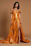 Sparkly Golden A Line Metallic Off the Shoulder Long Prom Dress with Slit