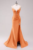 Orange Corset Sequined Long Prom Dress with Slit Lace-Up Back Spaghetti Straps Evening Dress