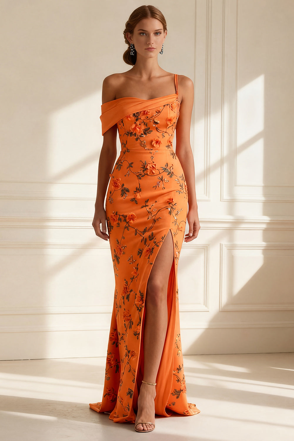 Floral Purple Mermaid Spaghetti Straps Long Prom Dress with Slit