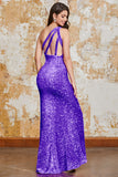 Mermaid Fuchsia Sequins Long Prom Dress with Slit