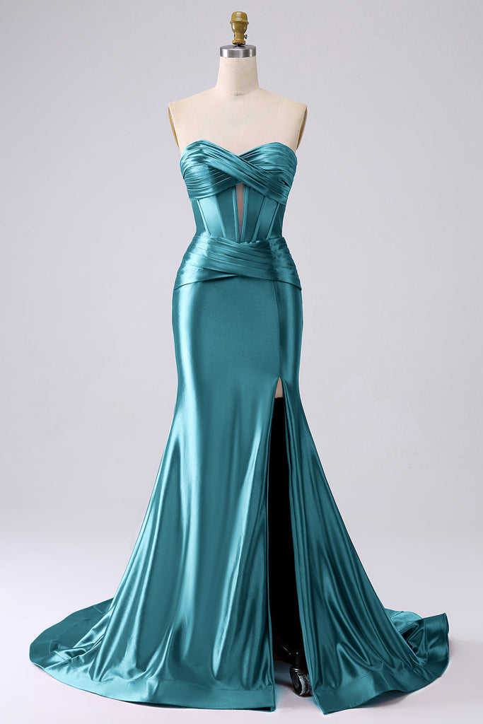 Sparkly Navy Mermaid Long Corset Ball Dress with Slit main image 1