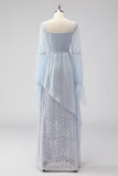 Lace Light Blue Chiffon Long Sleeves Spaghetti Straps Mother of the Bride Dress