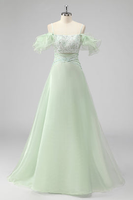 A Line Light Green Off The Shoulder Sequins Wedding Guest Dress