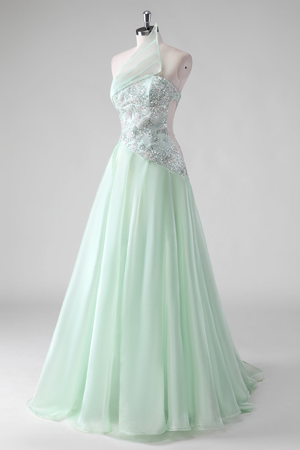 Light Green Sequins A Line Strapless Ruched Wedding Guest Dress