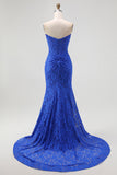 Royal Blue Sweetheart Mermaid Lace Long Corset Prom Dress with Slit