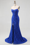Royal Blue Sweetheart Mermaid Lace Long Corset Prom Dress with Slit