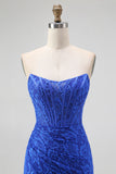 Royal Blue Sweetheart Mermaid Lace Long Corset Prom Dress with Slit