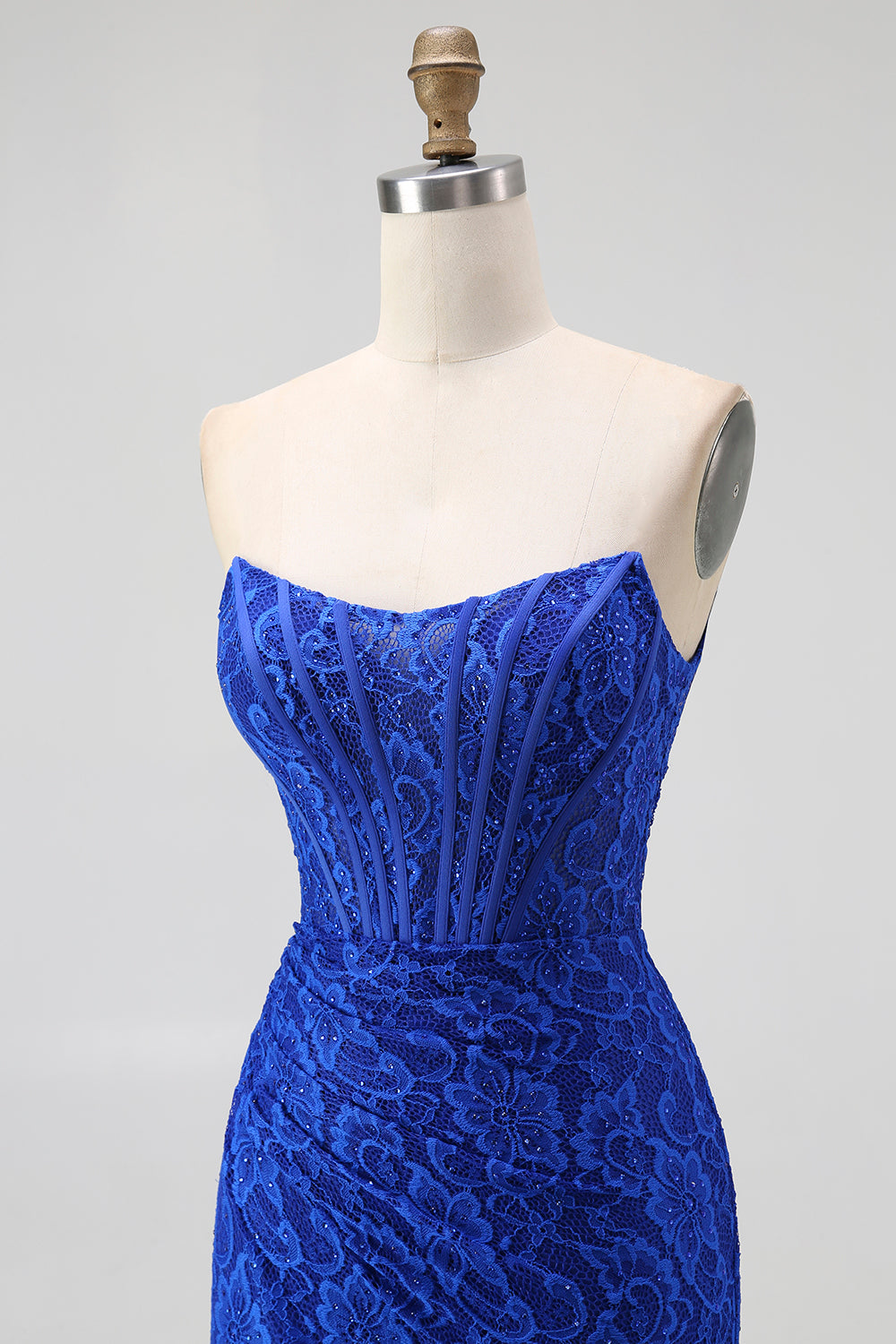 Royal Blue Sweetheart Mermaid Lace Long Corset Prom Dress with Slit