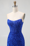 Royal Blue Sweetheart Mermaid Lace Long Corset Prom Dress with Slit