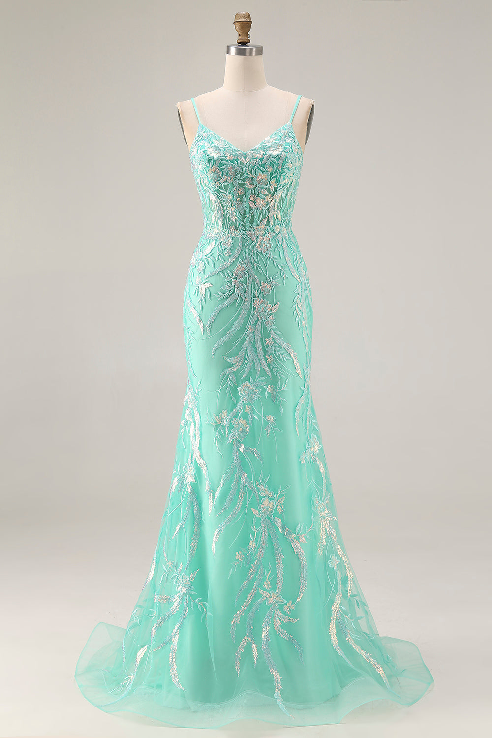 Sparkly Floral Mint Green Mermaid Lace Long Prom Dress