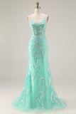 Sparkly Floral Mint Green Mermaid Lace Long Prom Dress