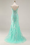 Sparkly Floral Mint Green Mermaid Lace Long Prom Dress