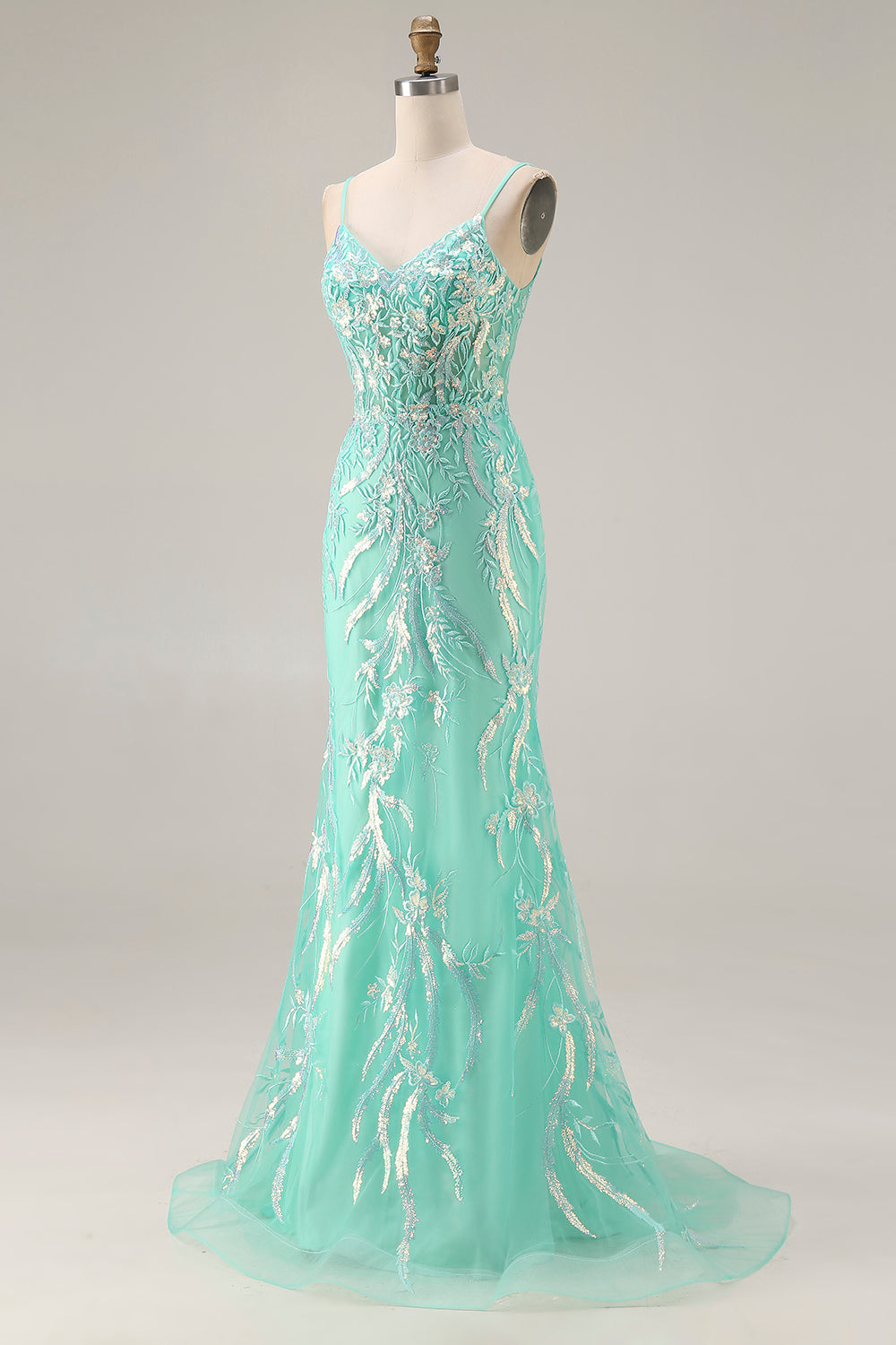 Sparkly Floral Mint Green Mermaid Lace Long Prom Dress