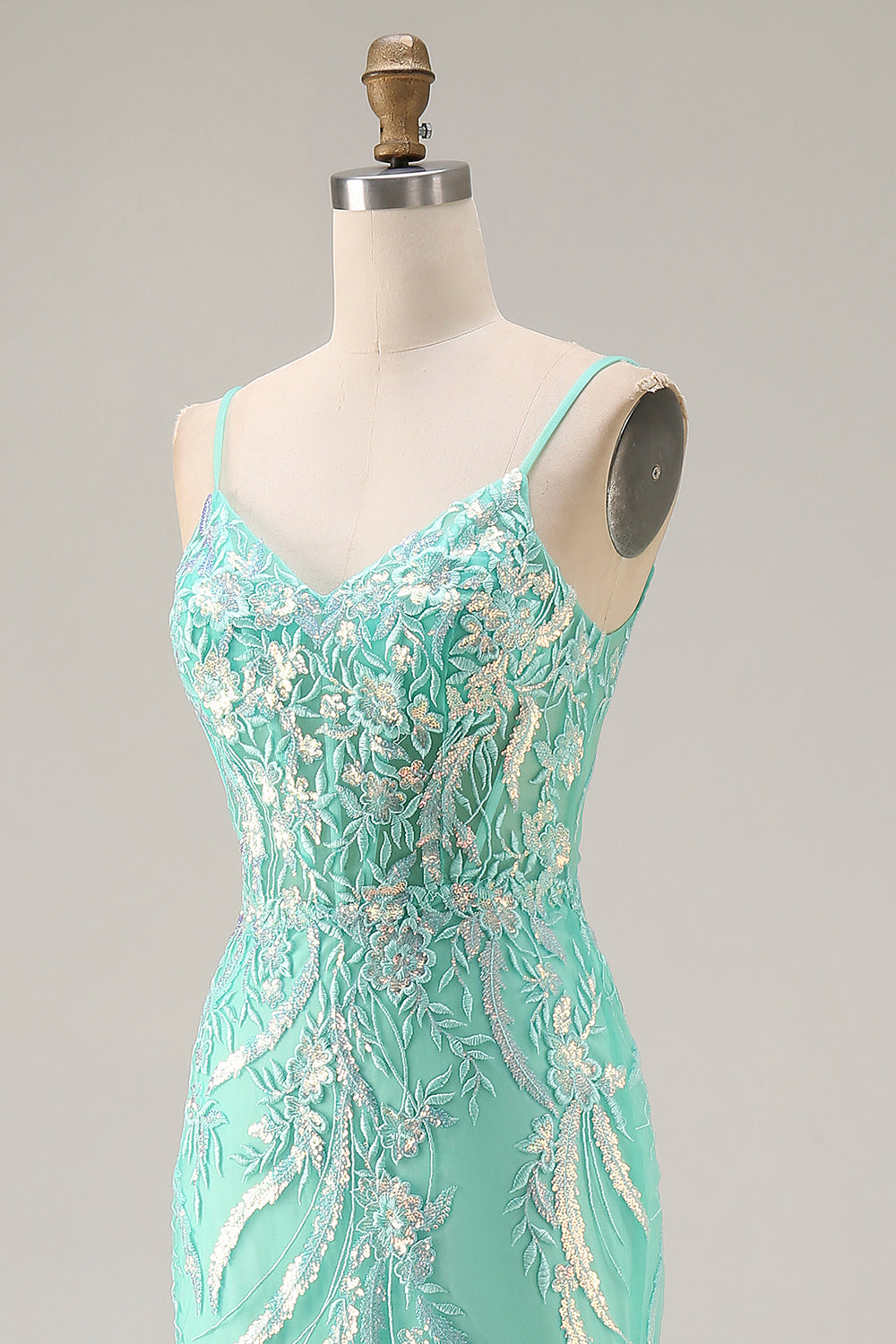 Sparkly Floral Mint Green Mermaid Lace Long Prom Dress