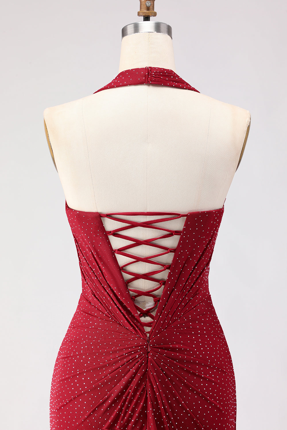 Sparkly Dark Red Beaded Mermaid Halter Long Prom Dress with Slit