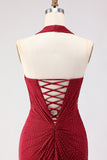 Sparkly Dark Red Beaded Mermaid Halter Long Prom Dress with Slit