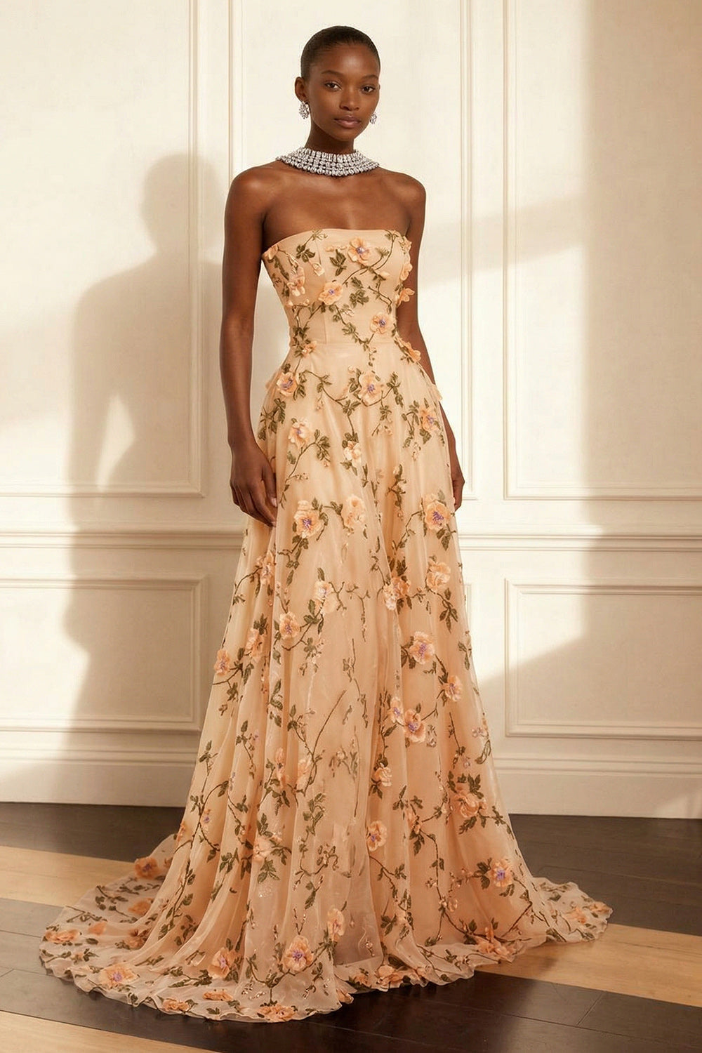 Purple Strapless A Line Floral Corset Long Prom Dress