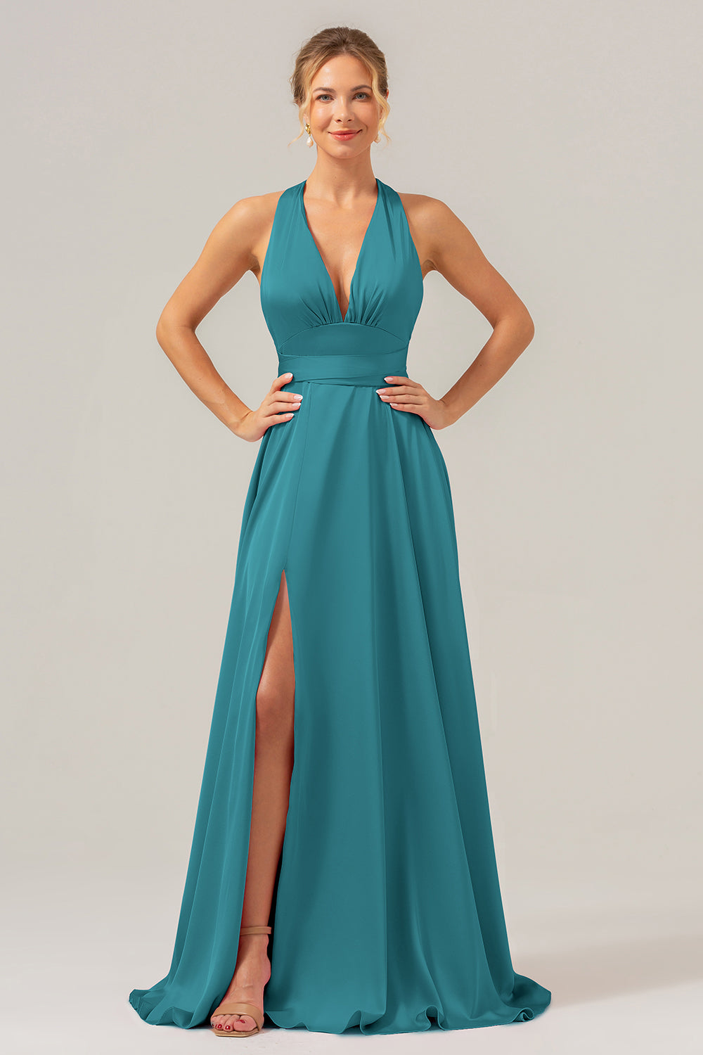 Zapakasa Women Pink Bridesmaid Dress with Slit V-Neck Backless A Line Wedding Party Dress Zapakasa Women Pink Bridesmaid Dress with Slit V-Neck Backless A Line Wedding Party Dress