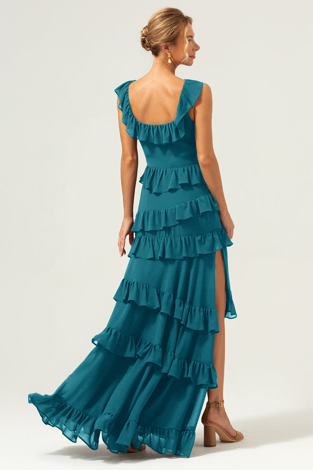 Burgundy A-Line Ruffleed Chiffon Long Bridesmaid Dress with Slit