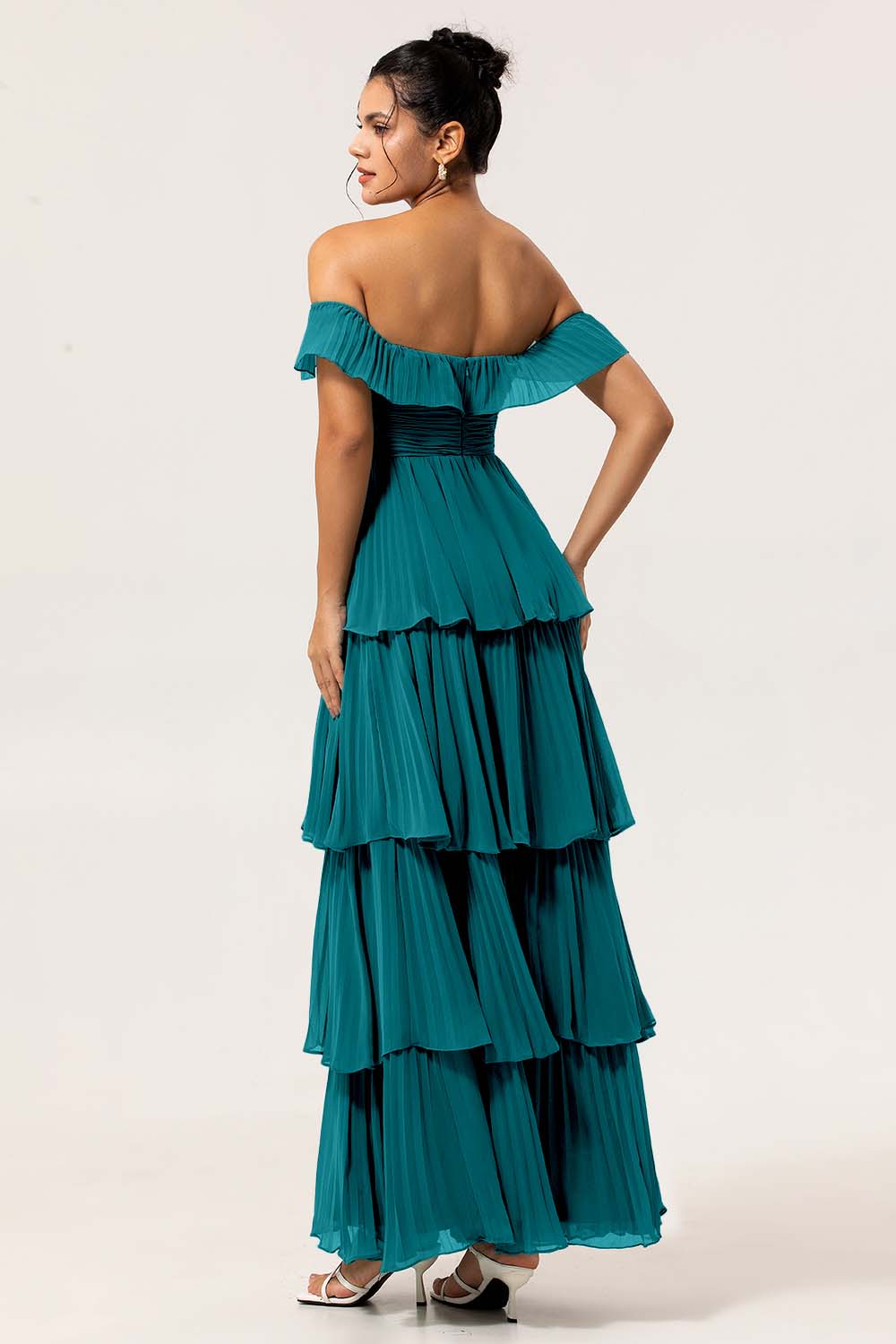 Eucalyptus Off The Shoulder Pleated Long Tiered Bridesmaid Dress
