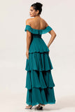 Eucalyptus Off The Shoulder Pleated Long Tiered Bridesmaid Dress