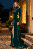 Navy Velvet High Neck Long Sleeves Holiday Party Dress with Slit