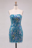 Floral Pink Sparkly Sequin Strapless Tight Short Homecoming Dress
